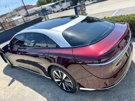 Burgundy Lucid Air rear glass and roof viewed from above at OC House of Tint