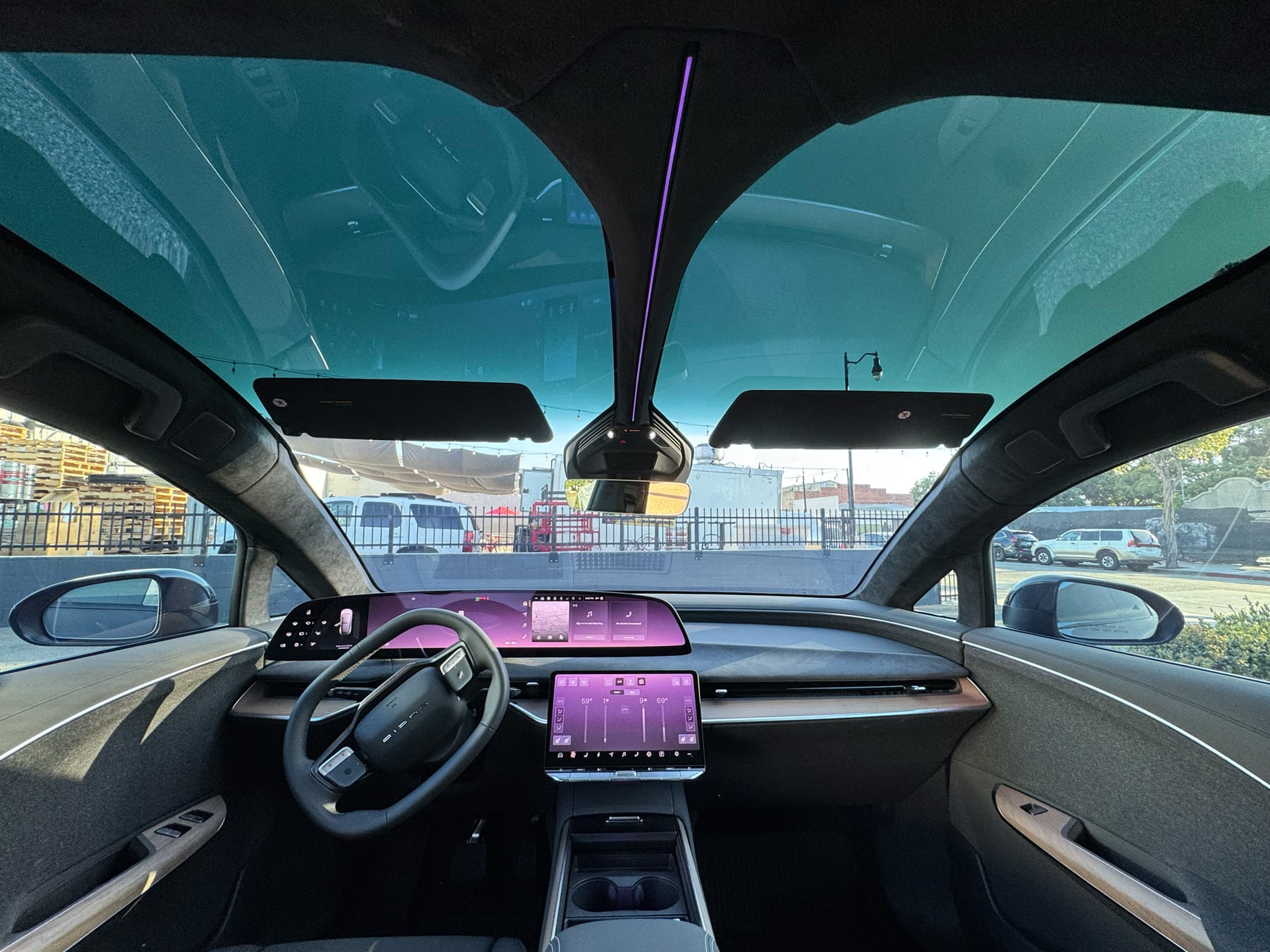 Interior view of Lucid Gravity windshield and overhead glass above the dashboard at OC House of Tint