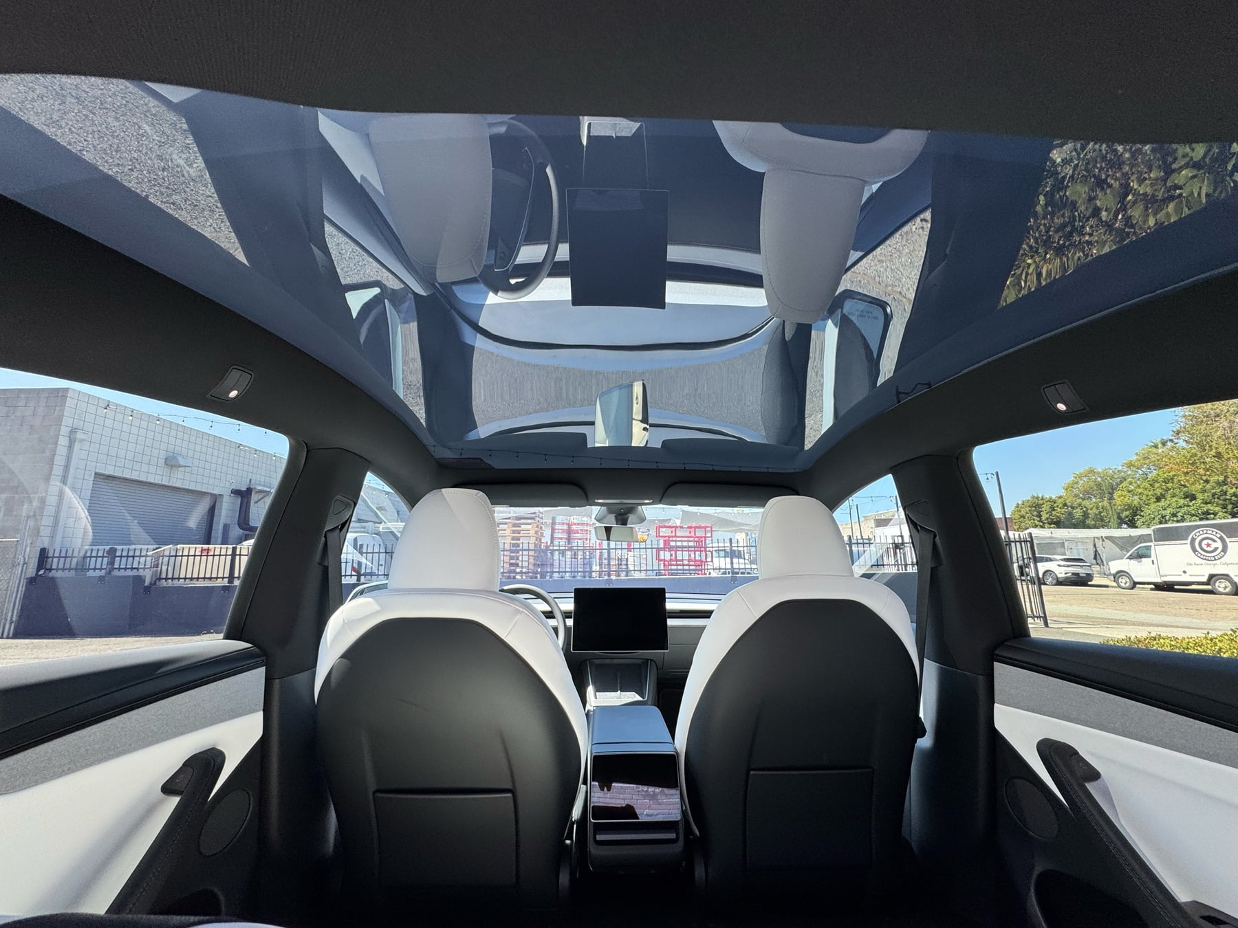Tesla Model Y rear cabin view with panoramic glass