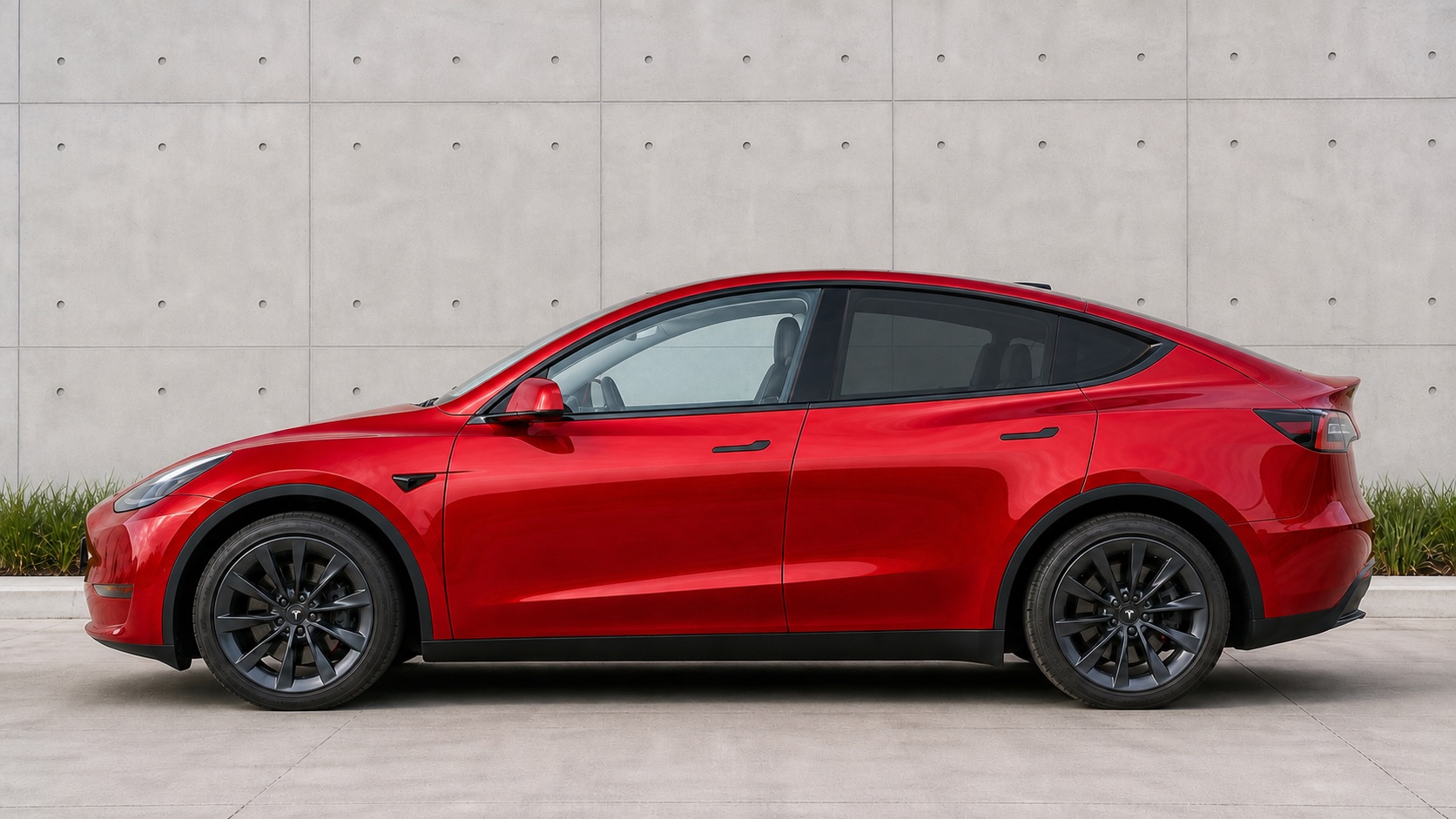Tesla Model Y side glass tint preview with black interior, showing front windows 20% Dark and rear windows 50% Light. Visual guide only.